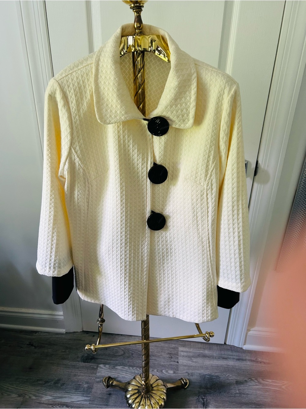 Ali Miles Cream Quilted Blazer with Black Buttons and Cuff Accents